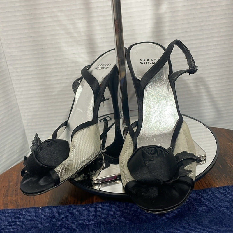 STUART WEITZMAN Black Heels with Fabric Flower and Mesh Fabric