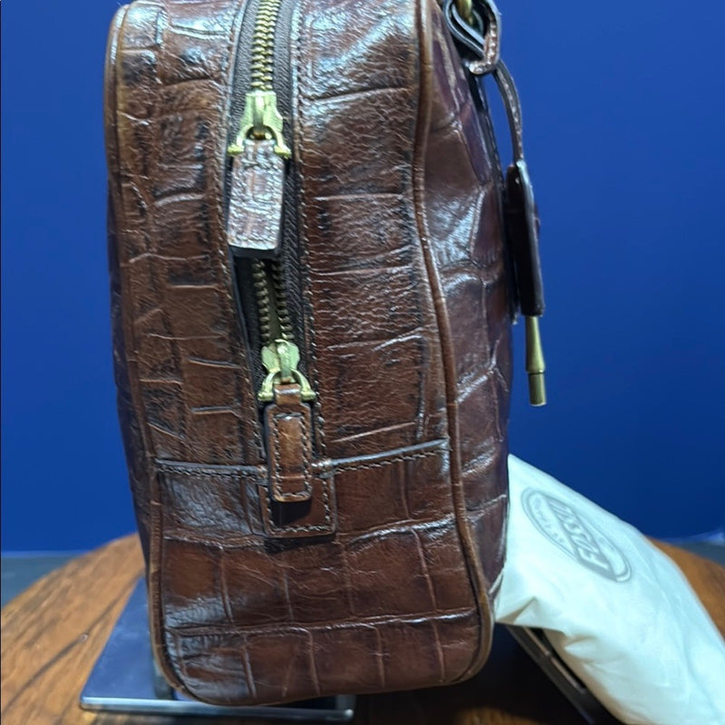 Fossil Dark Brown Croc-Embossed Leather Tote