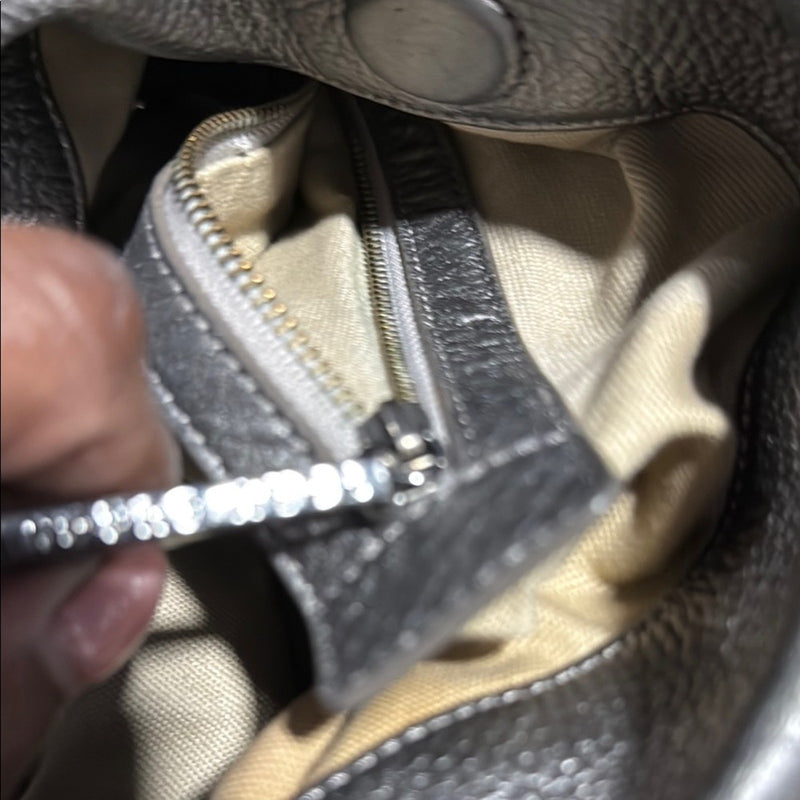 Tory Burch Metallic Gray Pebbled Leather Hobo Shoulder Bag