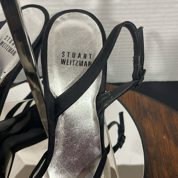STUART WEITZMAN Black Heels with Fabric Flower and Mesh Fabric