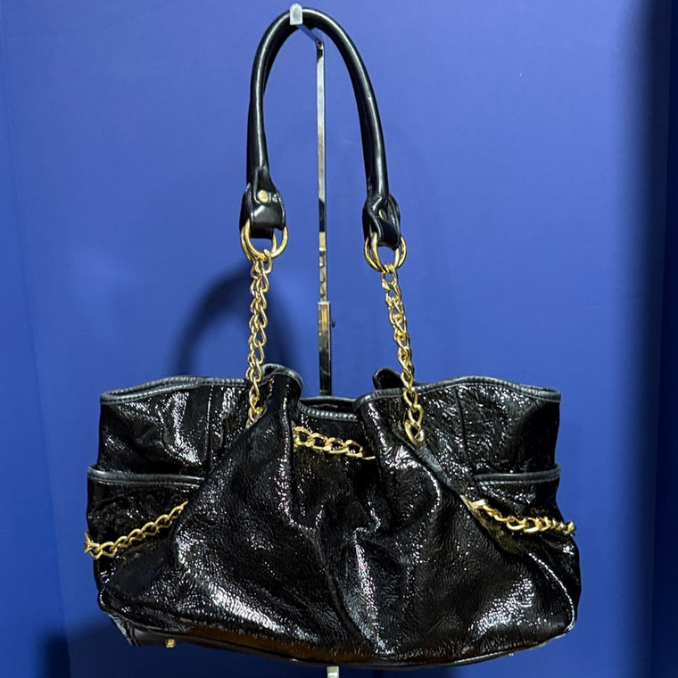Pietro Alessandro New York Gorgeous New Black Glazed Leather Chain Shoulder Bag