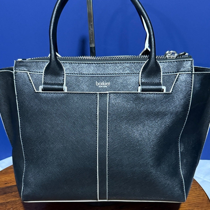 Botkier NY leather structured satchel purse black white trim removable strap