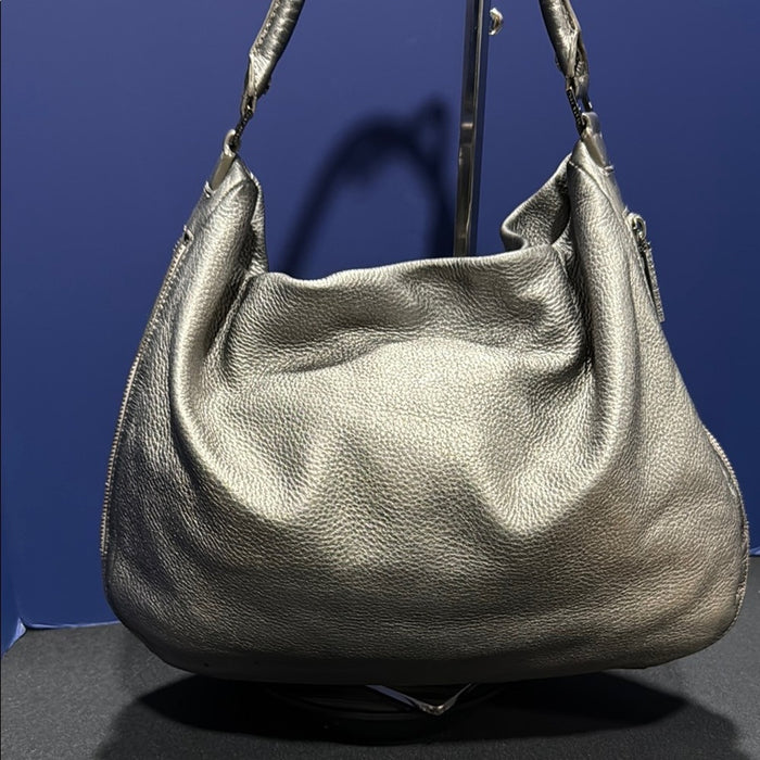 Tory Burch Metallic Gray Pebbled Leather Hobo Shoulder Bag