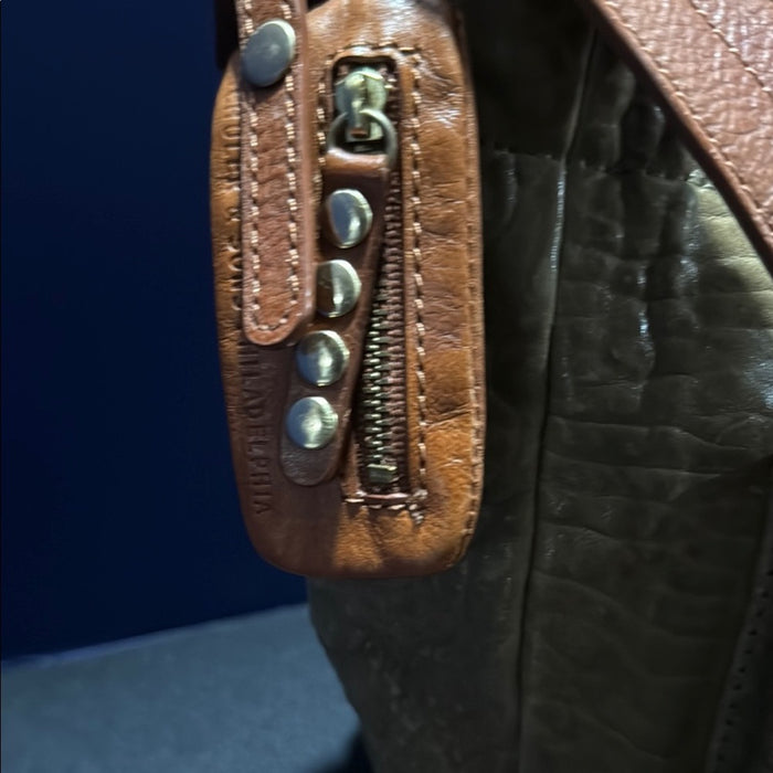 SCHULER & SONS Olive/Tan LEATHER ANTHROPOLOGIE MANZANILLA Hobo Handbag Purse