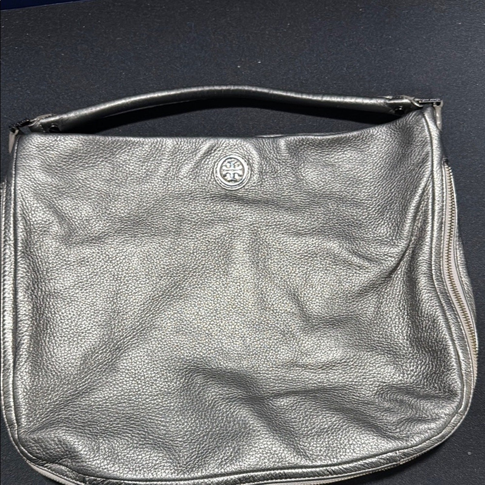Tory Burch Metallic Gray Pebbled Leather Hobo Shoulder Bag