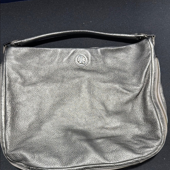 Tory Burch Metallic Gray Pebbled Leather Hobo Shoulder Bag