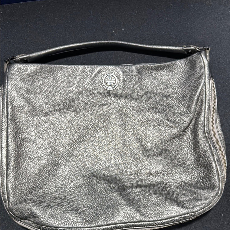 Tory Burch Metallic Gray Pebbled Leather Hobo Shoulder Bag