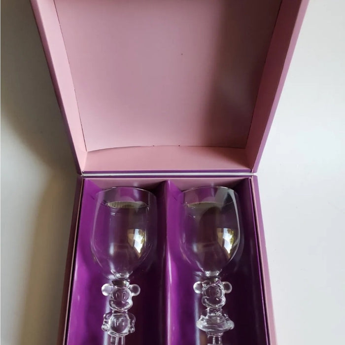 Walt Disney Mickey & Minnie Wine Glasses Set by K. Onishi Made In Japan w/ Box
