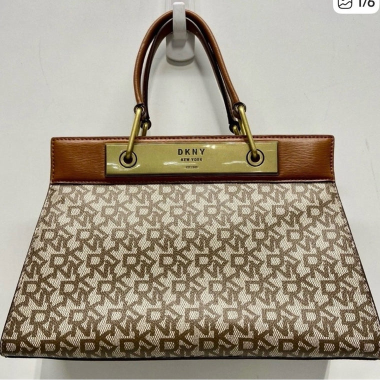 DKNY Brown & Cream Logo Satchel with Gold Hardware