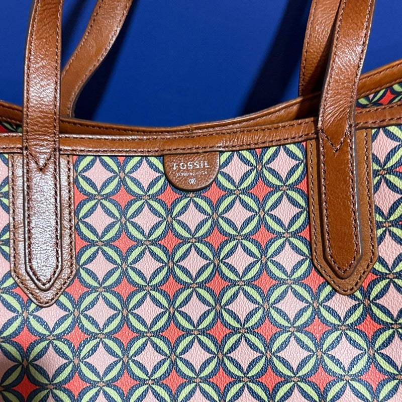 FOSSIL Sydney Signature Large Tote Bag Shoulder Purse Pink Brown Leather 16”x12”