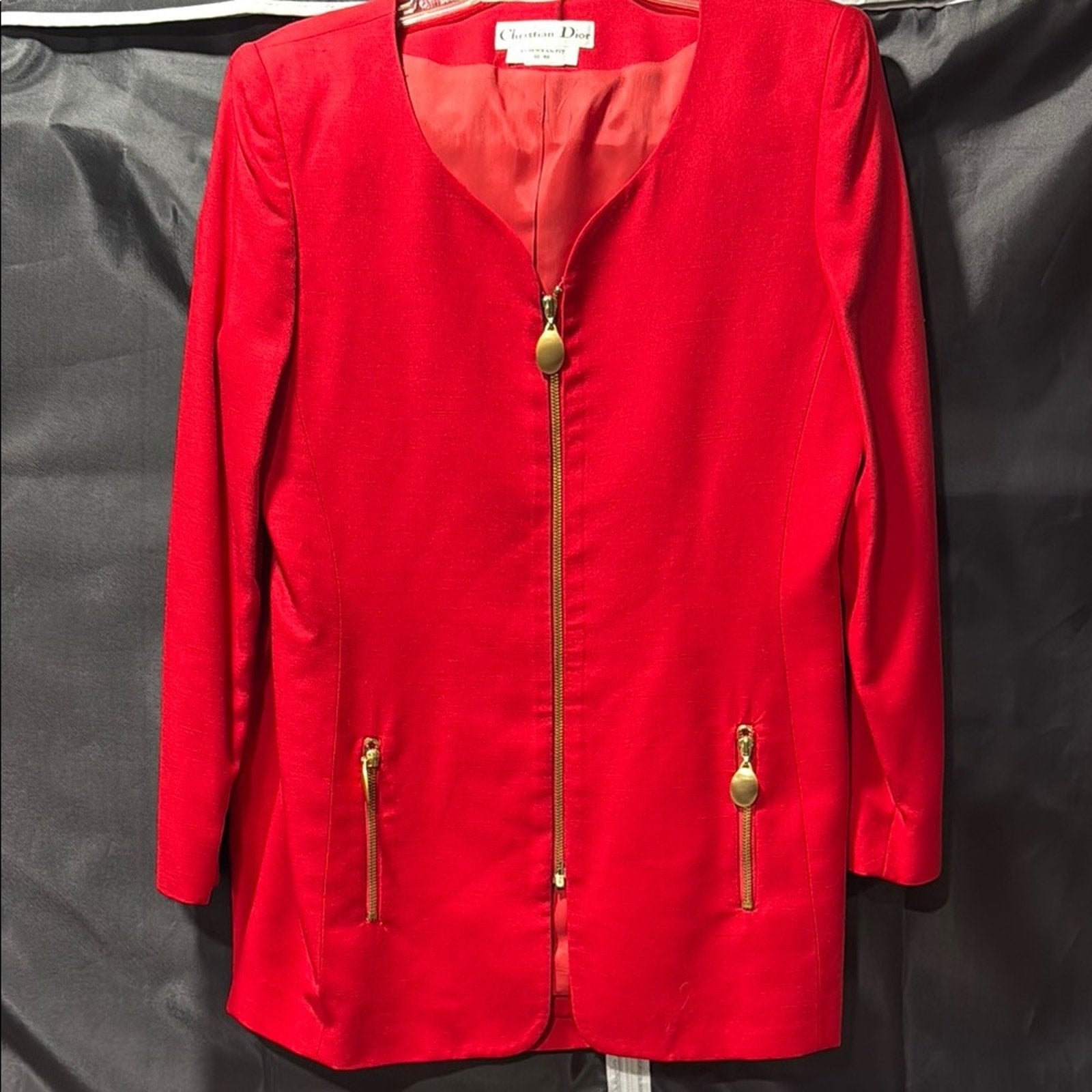Christian Dior Suit Set Skirt Blazer Jacket 2 Piece 100% Wool Red Gold Size 10