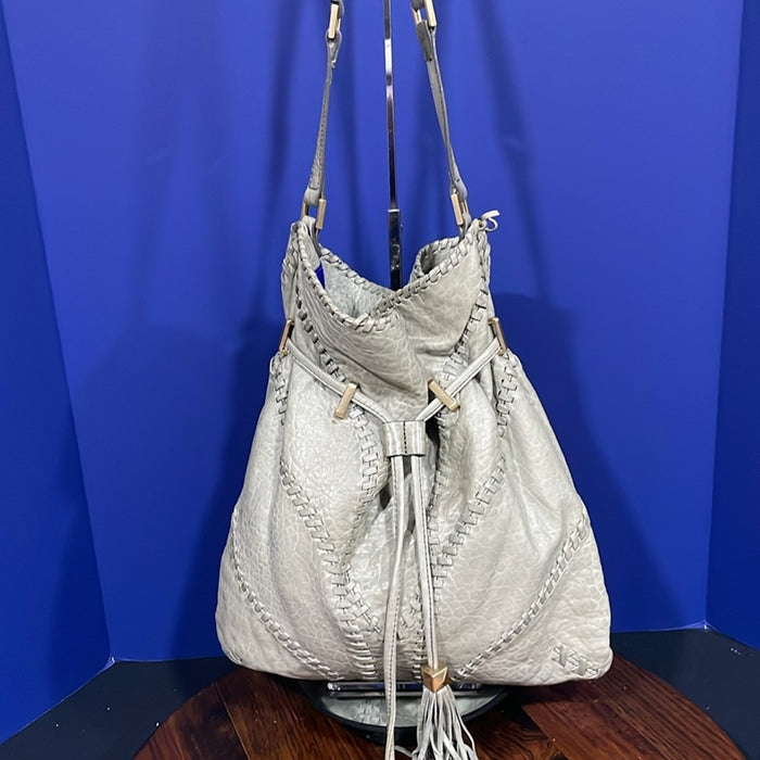 BRIAN ATWOOD Olive Green Pebbled leather Laser Cut Drawstring Bucket Bag