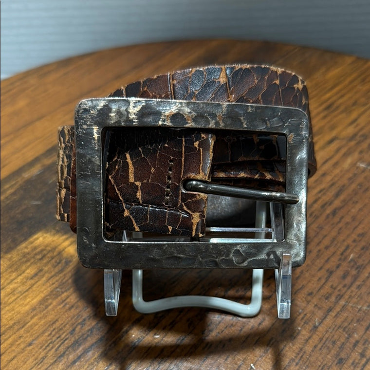 Sisley Brown Leather Belt with Distressed Metal Buckle