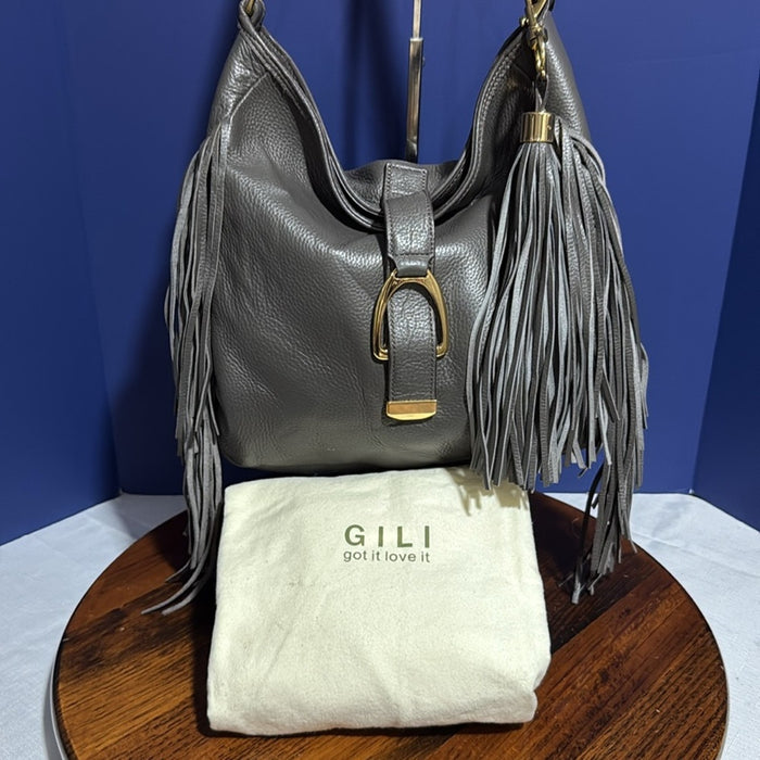 G.I.L.I. Womens Hobo Shoulder Purse Grey Italian Leather Stirrup