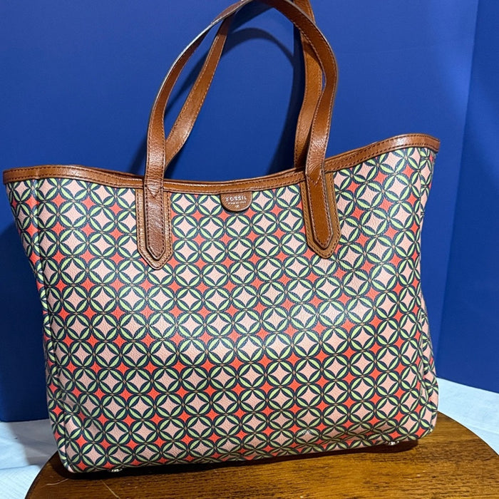 FOSSIL Sydney Signature Large Tote Bag Shoulder Purse Pink Brown Leather 16”x12”