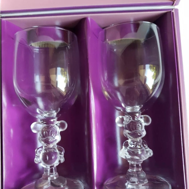 Walt Disney Mickey & Minnie Wine Glasses Set by K. Onishi Made In Japan w/ Box
