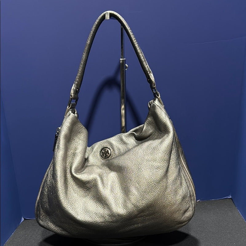 Tory Burch Metallic Gray Pebbled Leather Hobo Shoulder Bag