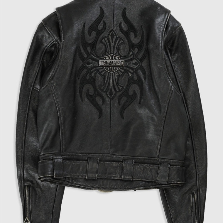 Harley Davidson CRUSADER Biker Jacket Black Leather #97052-00VM Women M RARE
