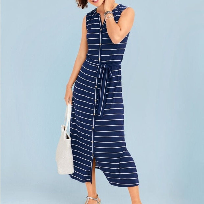 BUTTON-FRONT STRIPE JERSEY MAXI DRESS NWOT