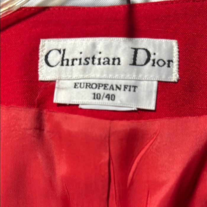 Christian Dior Suit Set Skirt Blazer Jacket 2 Piece 100% Wool Red Gold Size 10