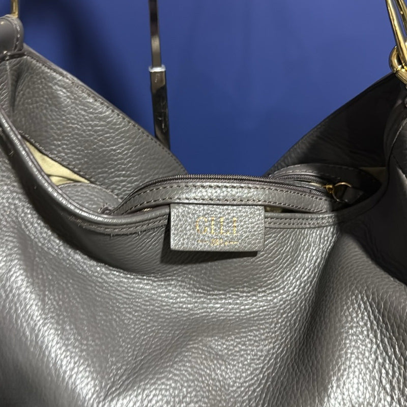 G.I.L.I. Womens Hobo Shoulder Purse Grey Italian Leather Stirrup