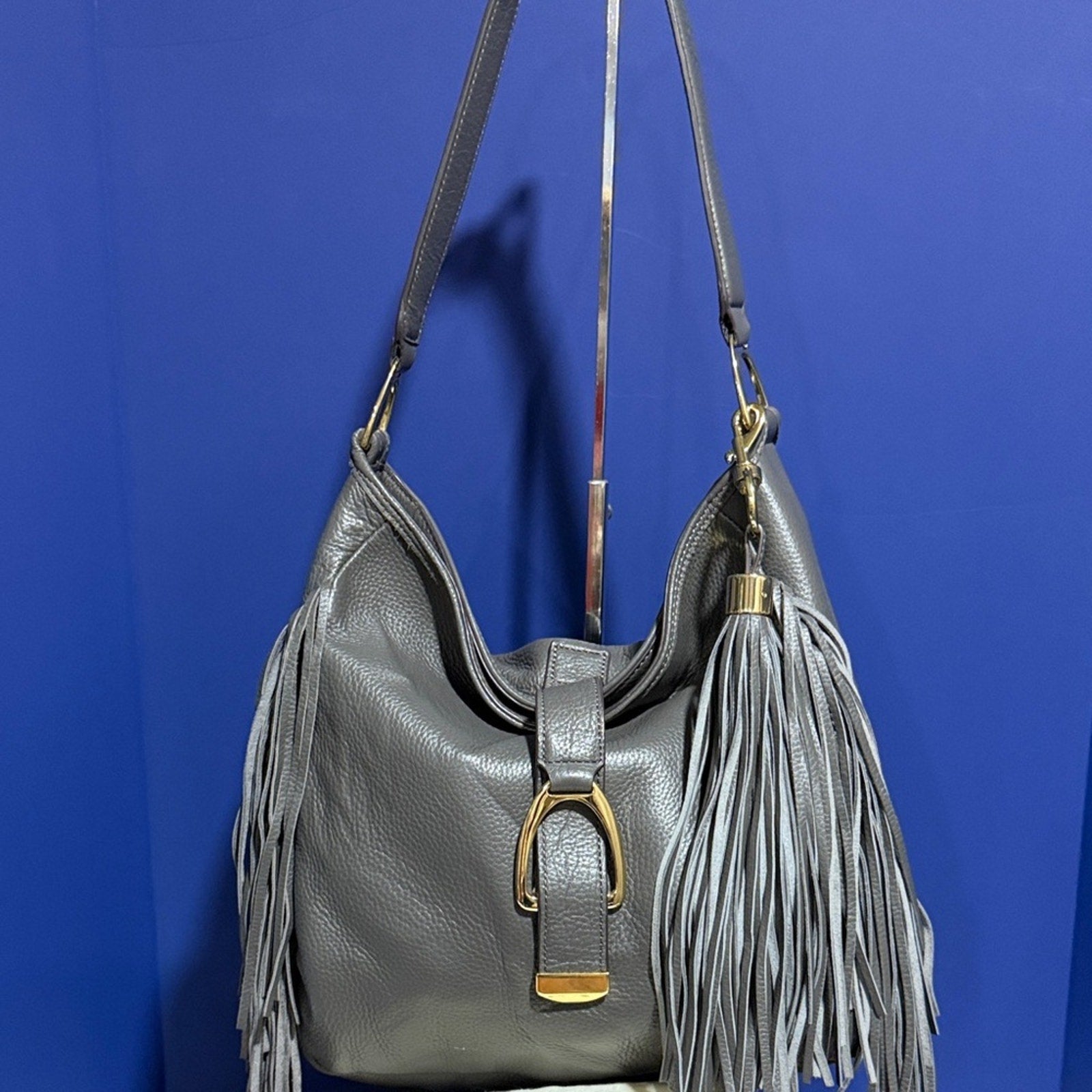 G.I.L.I. Womens Hobo Shoulder Purse Grey Italian Leather Stirrup
