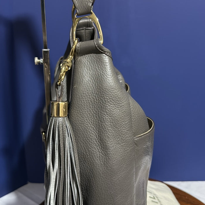G.I.L.I. Womens Hobo Shoulder Purse Grey Italian Leather Stirrup