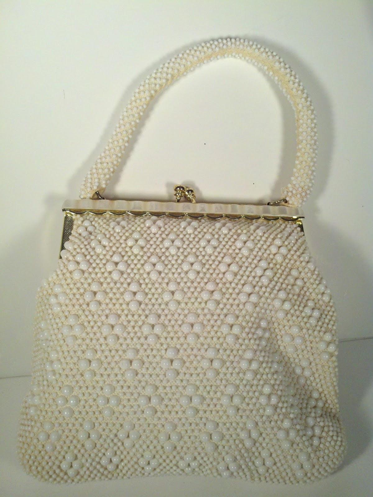 Vintage Retro Beaded Purse White Faux Pearls Hand Bag
