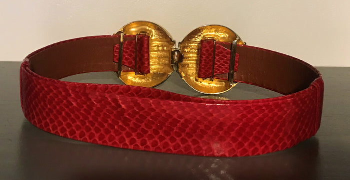 Vintage Alexis Kirk Red Snakeskin Belt with Gold Metal Byzantine Buckle 80s M/L