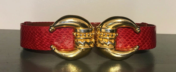 Vintage Alexis Kirk Red Snakeskin Belt with Gold Metal Byzantine Buckle 80s M/L