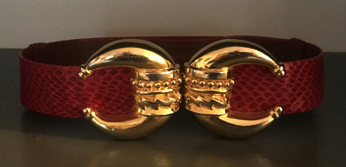 Vintage Alexis Kirk Red Snakeskin Belt with Gold Metal Byzantine Buckle 80s M/L