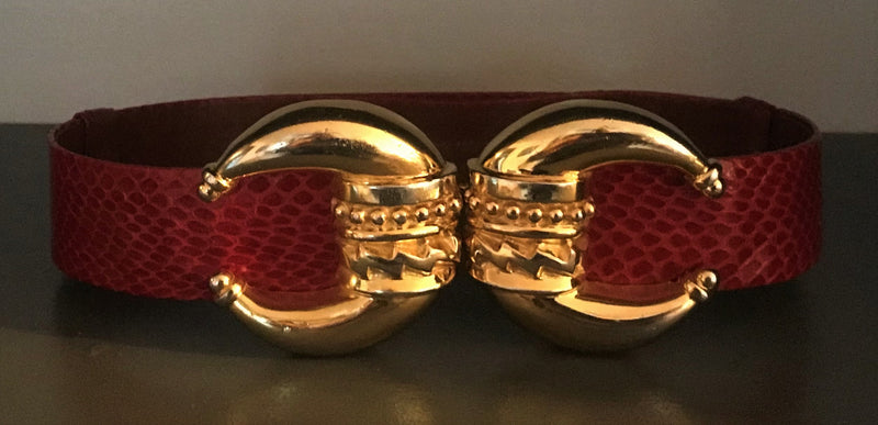 Vintage Alexis Kirk Red Snakeskin Belt with Gold Metal Byzantine Buckle 80s M/L