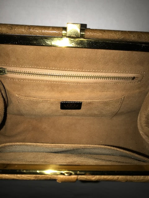 Beautiful tan ostrich leather handbag / purse with suede leather interior