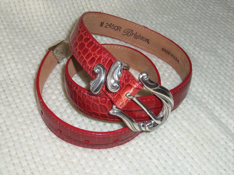 MINT Brighton Burgundy Red Genuine Leather Croc Pattern Belt 2450R Size M USA