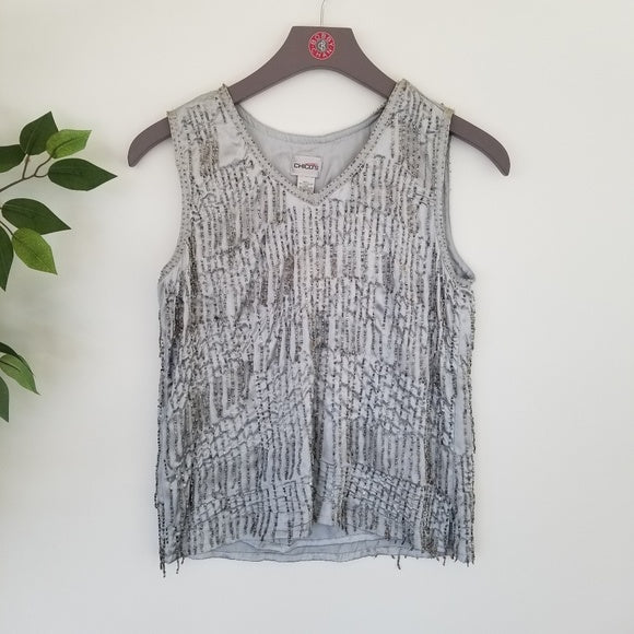 Chico’s Hand Beaded Silver Sleeveless Blouse