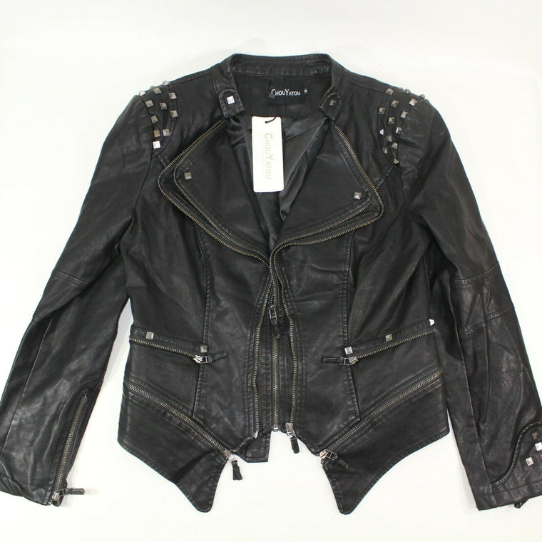 Chouyatou Womens Studded Size M Shaping Faux Leather Biker Jacket Black
