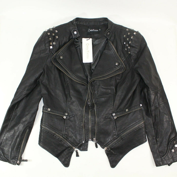 Chouyatou Womens Studded Size M Shaping Faux Leather Biker Jacket Black