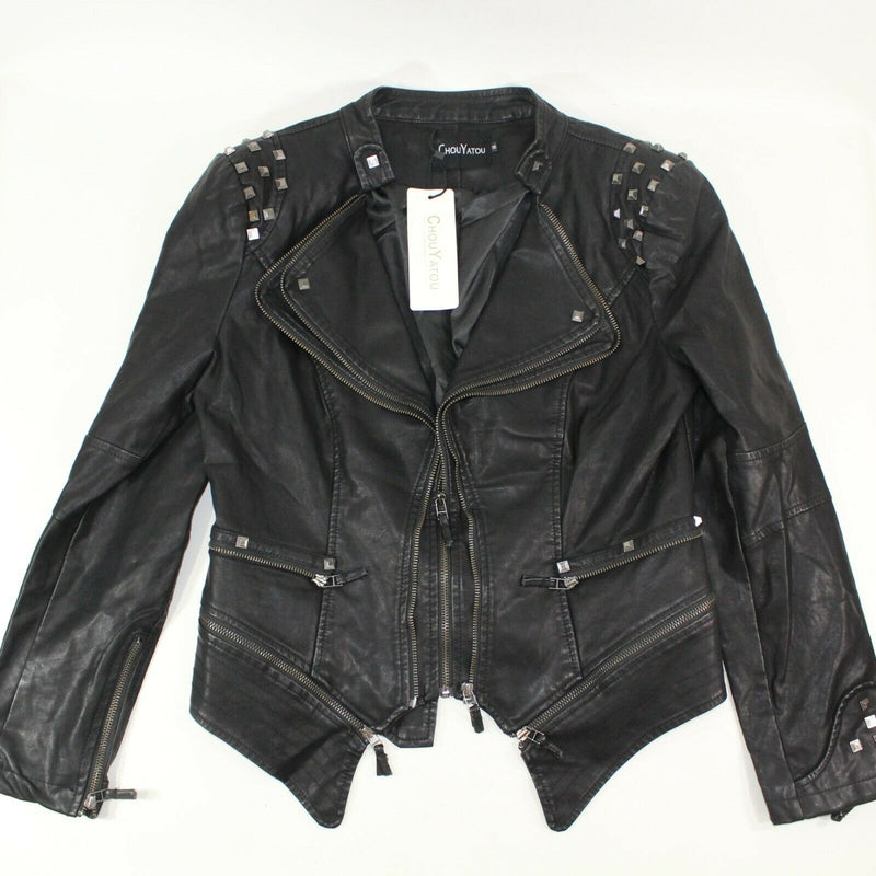 Chouyatou Womens Studded Size M Shaping Faux Leather Biker Jacket Black