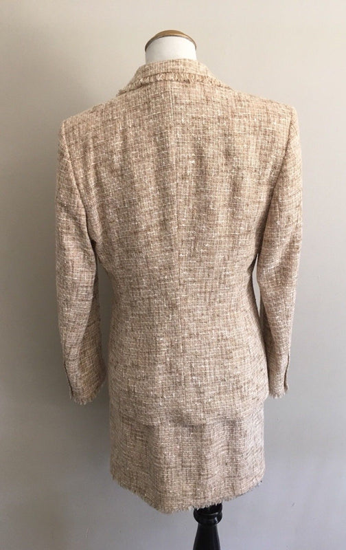 ESCADA Margaretha Ley Women's  Tan Dress Suit WOOL BLEND Tweed Fringe