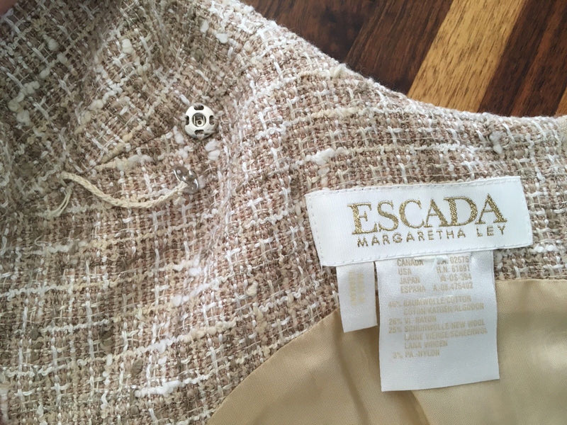 ESCADA Margaretha Ley Women's  Tan Dress Suit WOOL BLEND Tweed Fringe