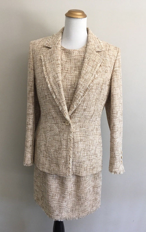 ESCADA Margaretha Ley Women's  Tan Dress Suit WOOL BLEND Tweed Fringe