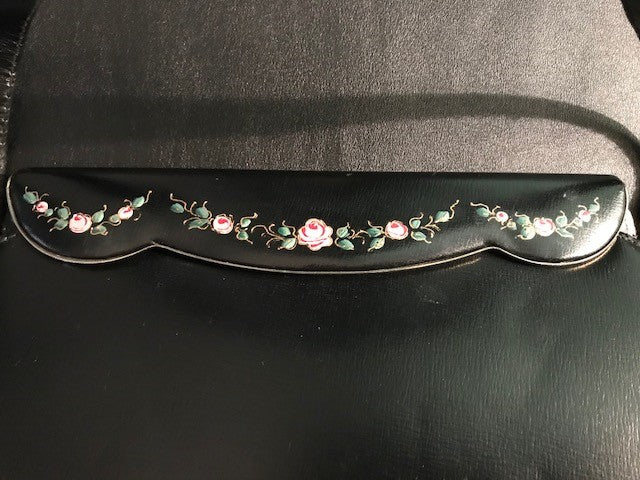 ETRA Purse Vintage 1960's Black Leather French Hand painted with Pink Flowers Satin Lined