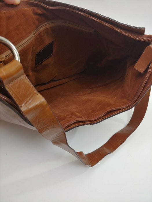 Falor Croc Embossed Genuine Leather Brown Hobo Shoulder Bag Purse Made in Italy
