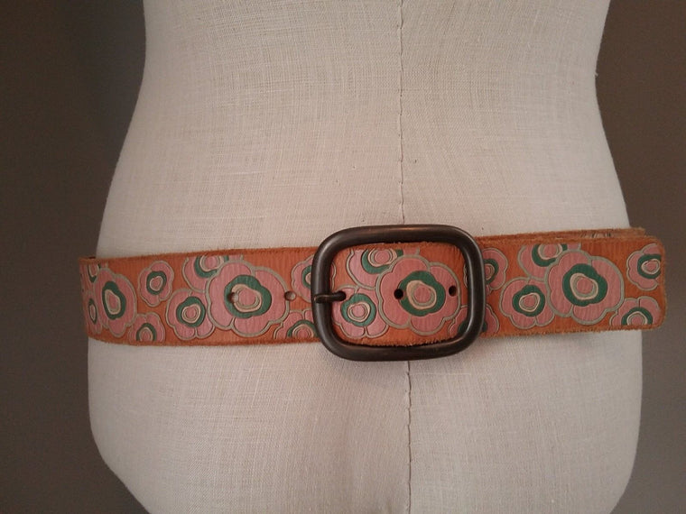 GAP floral pink green tooled floral leather belt SIZE MEDIUM boho hippie