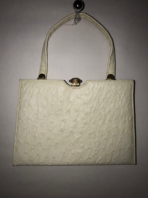 Vintage 1950's - 1960's Block Ostrich Stamped handbag with gold  shell accents
