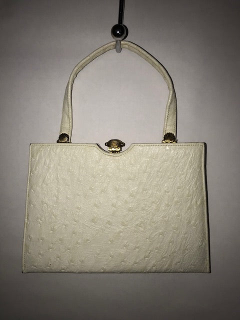 Vintage 1950's - 1960's Block Ostrich Stamped handbag with gold  shell accents