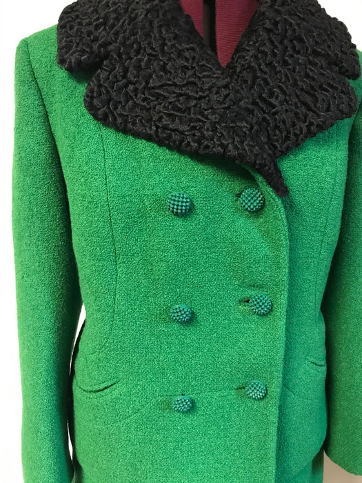 1960s Jackie O Mod Style Green Knubby Knit 2 Piece Abe Reinis Original Skirt Suit