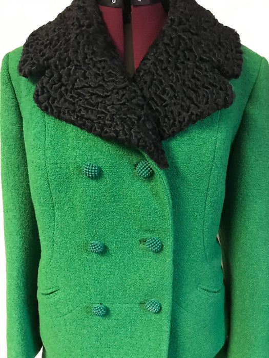 1960s Jackie O Mod Style Green Knubby Knit 2 Piece Abe Reinis Original Skirt Suit