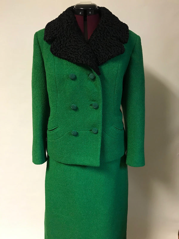 1960s Jackie O Mod Style Green Knubby Knit 2 Piece Abe Reinis Original Skirt Suit
