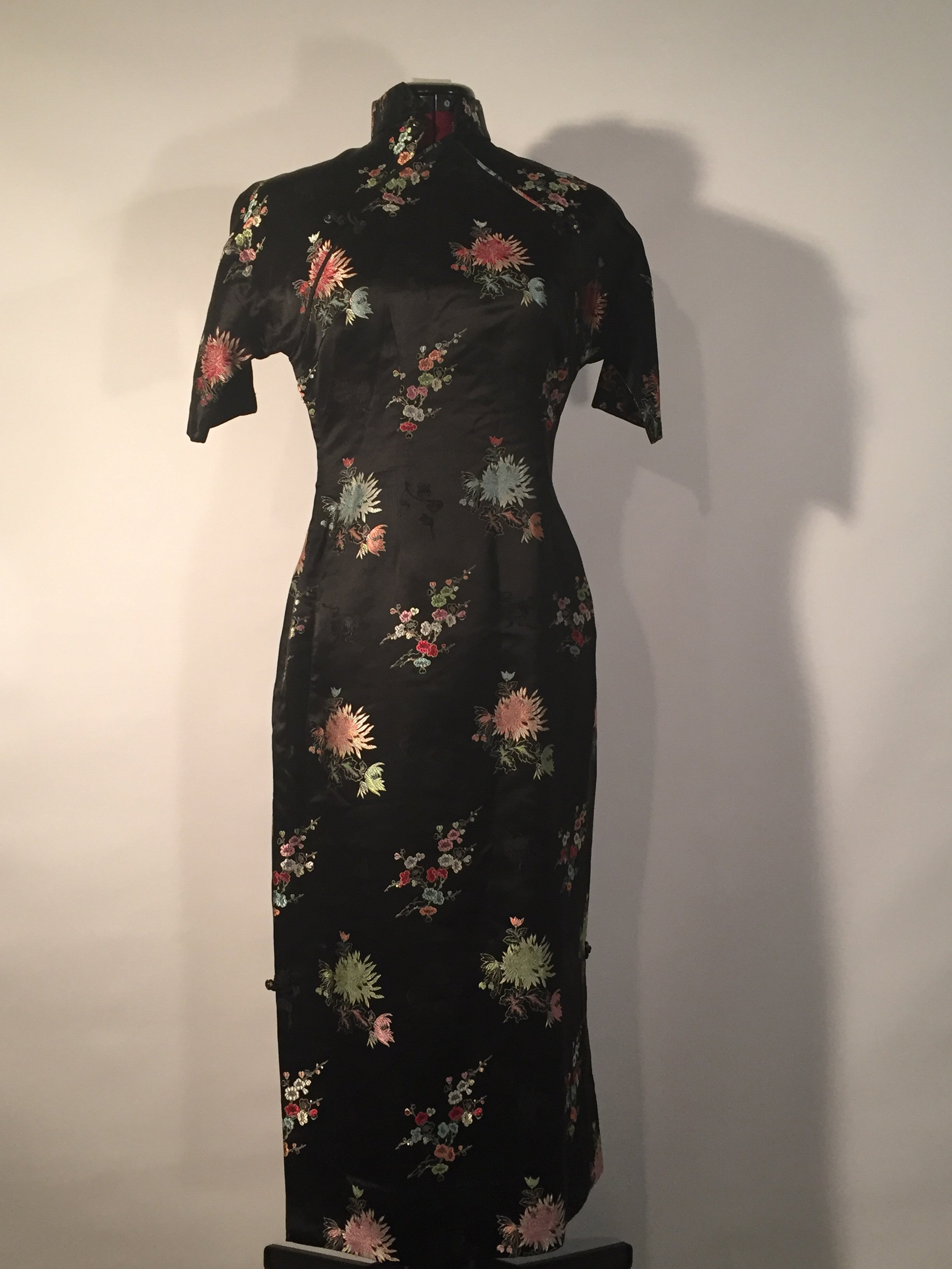 Vintage Black Satin with Floral Print Cheongsam Gown